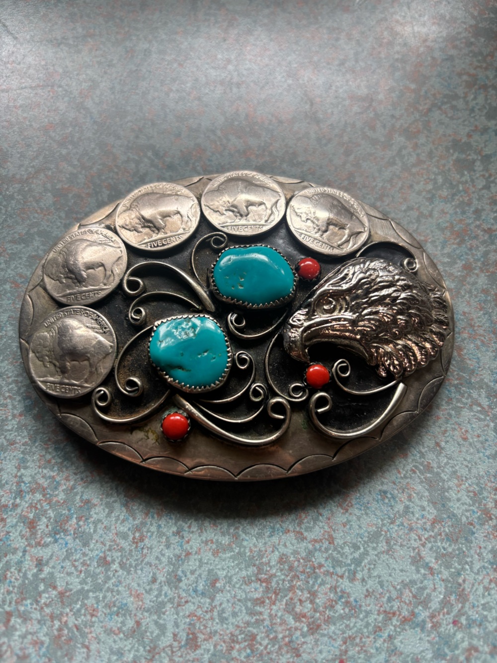 Vintage Handmade Southwestern Squaw Wrap Buckle Genuine Turquoise Buffalo Eagle